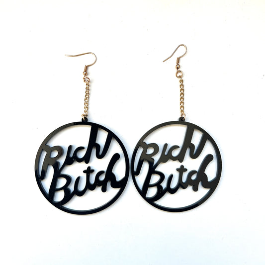 Acrylic Big Round Party Fashion Earrings - "Rich Bitch" White/Black