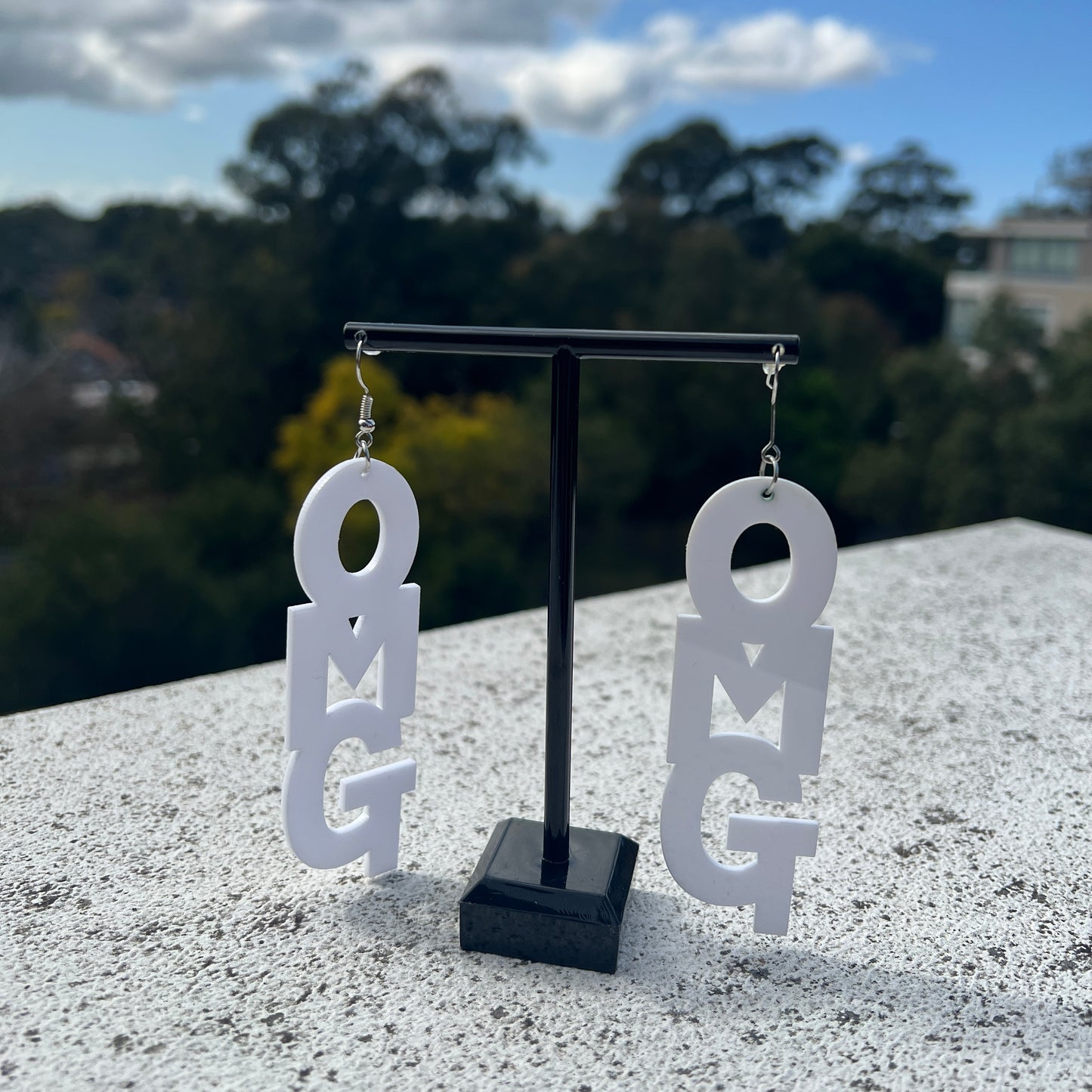 Acrylic Big White "OMG" Party Earrings