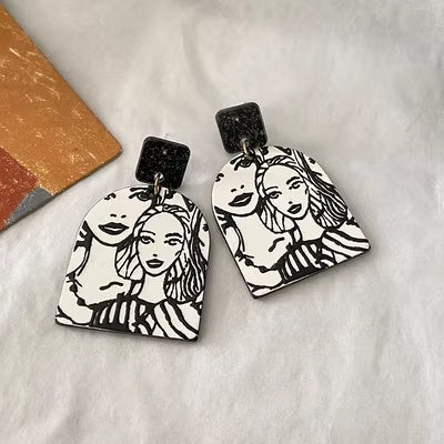 Acrylic earrings with portrait of girls - black and white