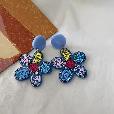 Acrylic Earrings "Blue Blossom" blue transparent with colorful flower drawn, blue round stud