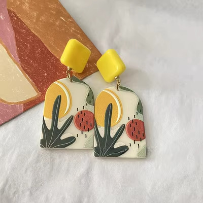 Acrylic earrings "Nature's Palette" with planting pattern - yellow, green and brown