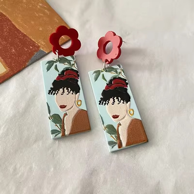 Acrylic earrings "Elegant Enigma" with a portrait of an elegant girl with a red flower stud