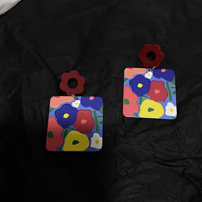 Acrylic Earrings "Vibrant Blossoms" Square with colorful flower pattern; matte surface with red round stud